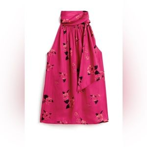 Banana Republic Petite Soft Satin Tie-Neck Top Size XSP Pink Floral NWT